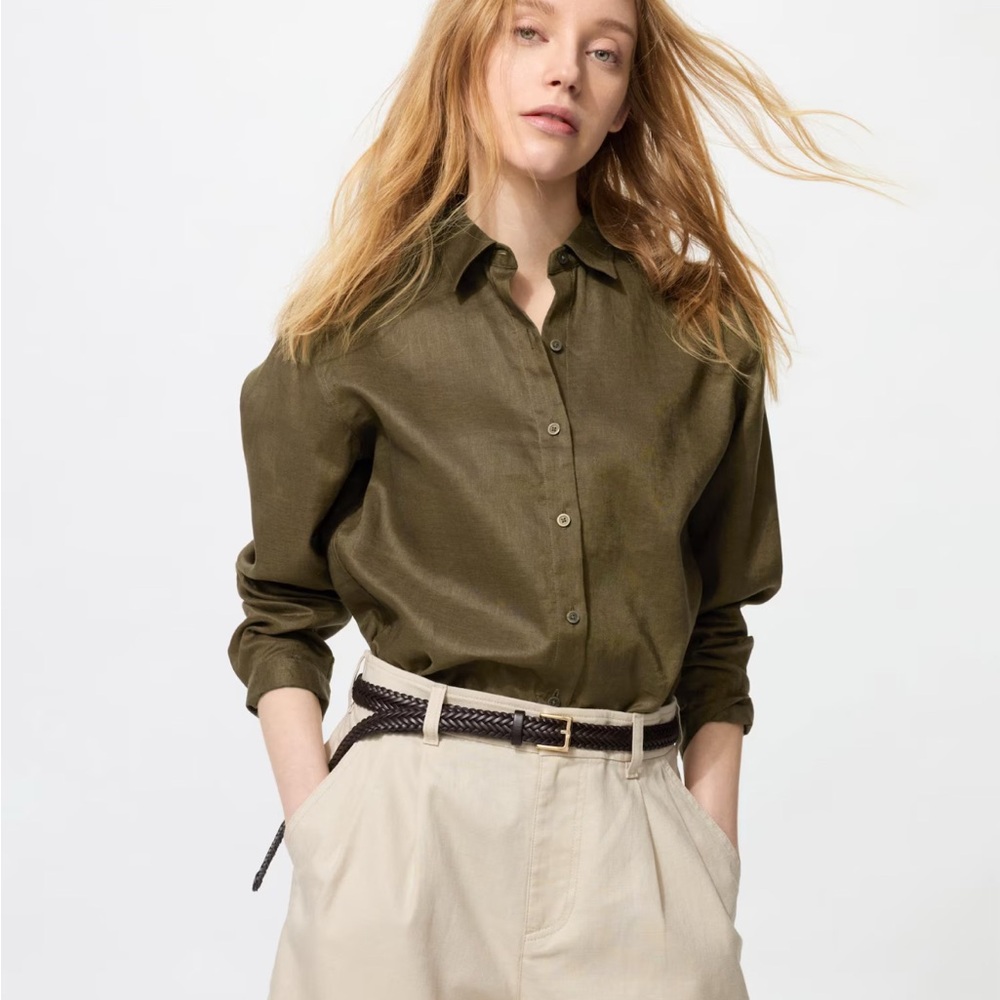 Uniqlo Linen Button Down Shirt Olive XS NWT